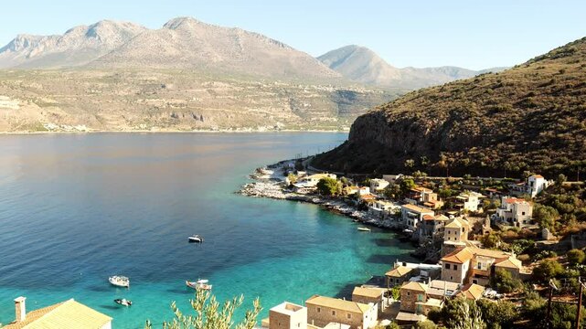 Elevated seaview over Greek Peloponnese coastal fishing port Limeni