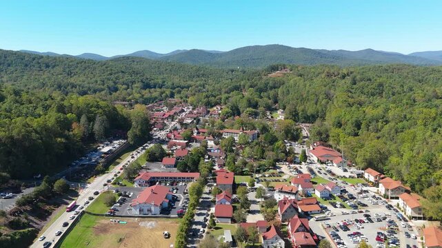 Static drone shot of Helen, Georgia in October of 2024.