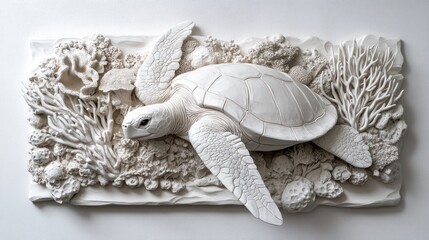 White sea turtle bas-relief sculpture in coral reef setting.