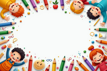 Obraz premium A playful school background illustration featuring kids playing, colorful school supplies, and fun learning icons in a lively composition..