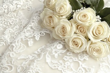 Elegant white roses on lace tablecloth, romantic wedding vibe, soft sunlight streaming