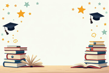 A books-focused school illustration background with stacked and open books, paired with creative educational symbols like graduation hats and stars..