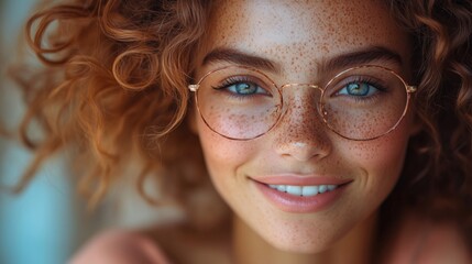 Obraz premium Charming Portrait of a Young Woman with Freckles and Glasses