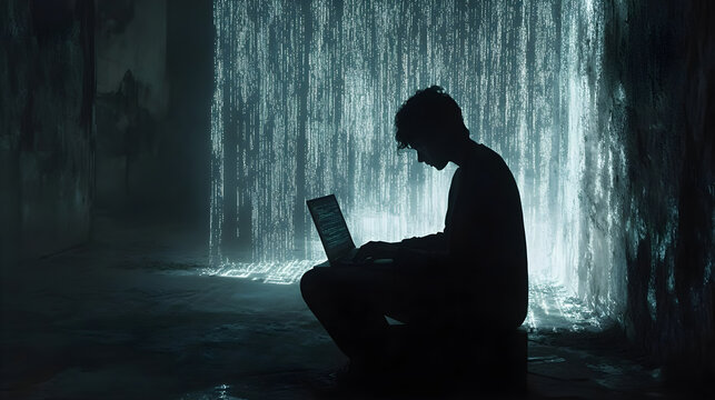 Shadowy figure typing rapidly on a laptop while lines of code flicker on the walls of an underground hideout