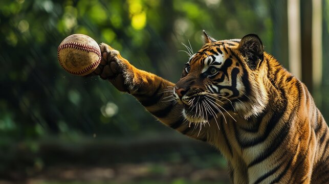 A majestic tiger playfully holding a baseball while showcasing its vibrant fur and striking features in a lush environment.