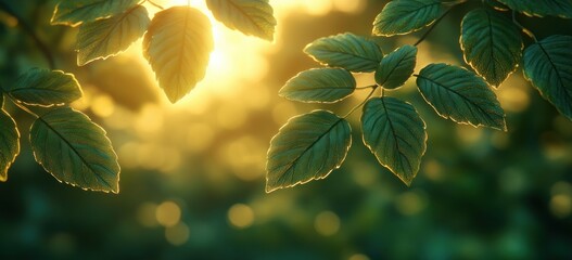 Spring Summer Dreamy Foliage Close-up with Soft Focus on Green Leaves and Warm Light