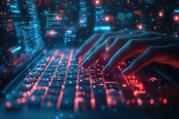 HR Manager Using Laptop for Employee Recruitment and Checking Digital Resumes in Cyberpunk Style