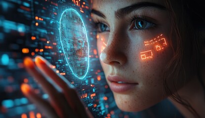 Futuristic Digital Interface with Holographic Head for Automated Data Management and AI Analysis in Business