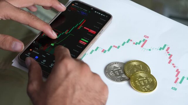 Indian trader trading cryptocurrency bitcoin in smart phone, Rickey investment, Blockchain technology. Digital asset. Scam and anonymous