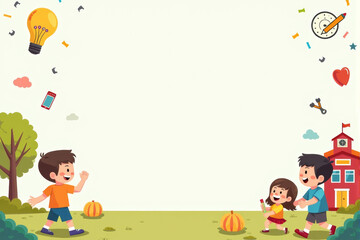 Fototapeta premium A playful school background illustration featuring kids playing, colorful school supplies, and fun learning icons in a lively composition..