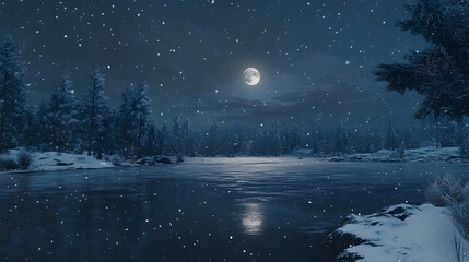 Naklejka premium A still evening by a frozen lake surrounded by snow-laden trees reflecting moonlight as light snow falls