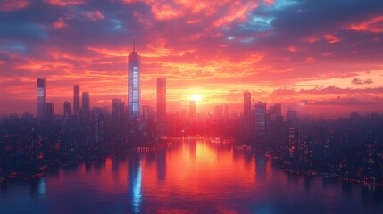 Futuristic City Skyline at Sunset with Glass Skyscrapers and Water Reflections for Business and Corporate Use