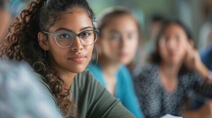 Fototapeta premium Young female student wearing glasses is listening attentively in a university lecture hall, fully engaged with classmates while absorbing valuable knowledge during the lesson