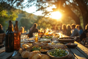Friends Enjoying Summer Barbecue Dinner Party in Garden Restaurant with Red Wine and Laughter