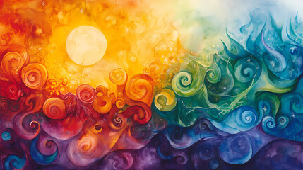 Festive watercolor banner capturing the colorful spirit of a pagan solstice celebration, vibrant and lively. Solstice. Illustration