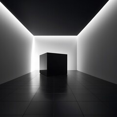 Fototapeta premium Minimalist Futuristic Interior with Glossy Black Cube and Diffused Ceiling Light in Geometric Space