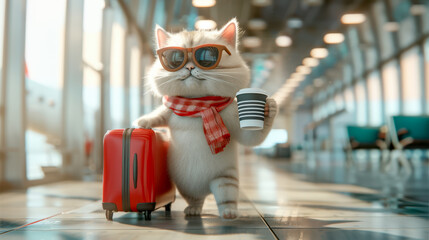 Funny cat traveler with travel bag and coffee cup in airport terminal, travel vacation summer holiday concept.