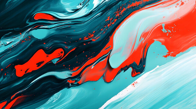 A vivid mix of bold teal waves and bright red accents forming a lively and energetic abstract background