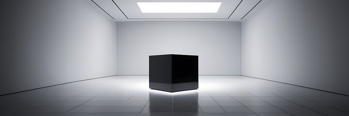 Fototapeta premium Minimalist Futuristic Interior with Glossy Black Cube and Diffused Ceiling Light in Geometric Space