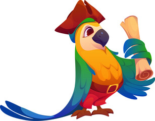 Cartoon funny parrot bird pirate captain character holding a map. Isolated vector feathered corsair personage with cocked hat, ready for high seas nautical adventures and searching hidden treasures