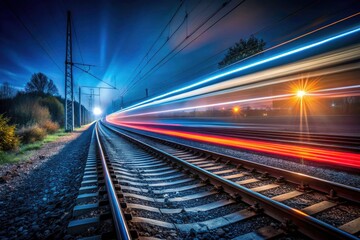 Naklejka premium Nighttime Minimalist Train Lights: Captivating Long Exposure Photography of Trains Illuminating the Night, Abstract Light Trails, Urban Landscapes, and Transport Aesthetics
