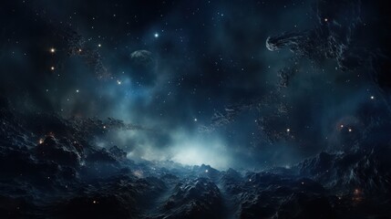 Fototapeta premium Dark Cosmic Landscape With Distant Planet And Stars
