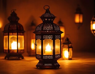 Eid Mubarak Ramadan Arabic Islamic pattern old lantern hanging in the night with burning candle