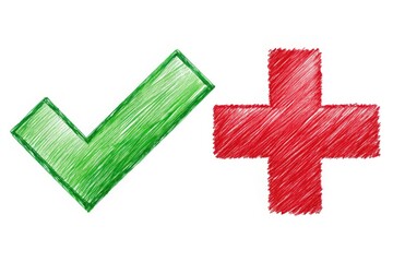 Obraz premium Panoramic Green Checkmark & Red Cross: Right vs Wrong Symbols, Hand-Drawn Illustration, Success Failure Graphic