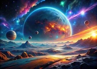 Futuristic planets glow in a neon 3D panorama; an abstract space scene.