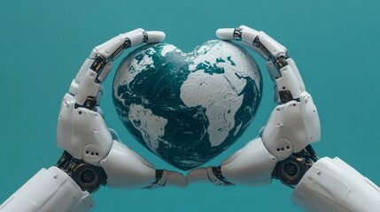 Fototapeta premium Robot Hands Holding a Heart-Shaped Earth, Blue Background, Eco Technology, Love For Planet