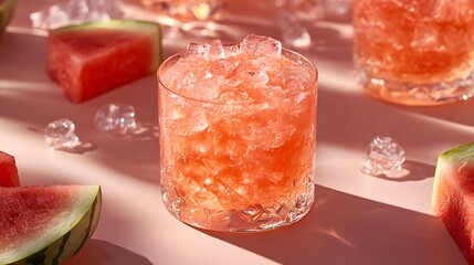 Watermelon Slush is a refreshing summer drink served in a chilled glass, surrounded by vibrant watermelon slices that evoke a joyful and invigorating atmosphere.