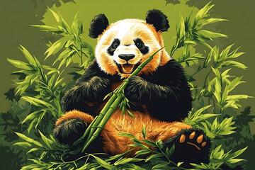 Obraz premium Happy panda sitting amidst bamboo, eating.