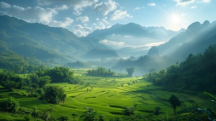 Fototapeta premium Lost in a verdant labyrinth. These terraced rice fields are a masterpiece of human ingenuity and nature's artistry. ai generaed #naturephotography
