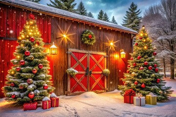 Rustic Christmas Barn Scene: Red Doors, Festive Trees, Cozy Winter Wonderland