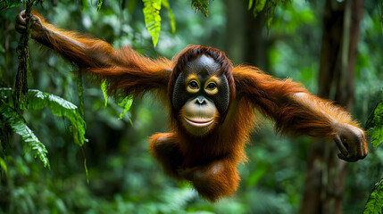 Naklejka premium Orangutan swinging in lush rainforest.