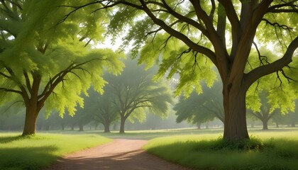 Naklejka premium Green Forest Sun Sky Pine Bamboo Trees Jungle Canopy Background Summer Spring Autmn Camping Travel