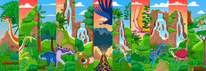 Cartoon prehistoric dinosaurs collage of vector jurassic reptiles and birds. Prehistoric dino animal characters at jungle forest. Funny dinosaurs, volcano and mountain waterfall landscape background © Vector Tradition