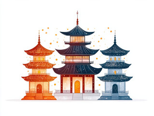 Colorful pagodas with intricate patterns and glowing details create serene atmosphere, isolated design on white background

