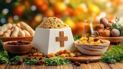 Traditional easter cheesecake dessert with raisins and biscuits on a festive table. Happy easter