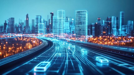 Obraz premium Holographic futuristic city with advanced public transport system, glowing roads, transparent display windows, tech-savvy urban space, smart grid technology