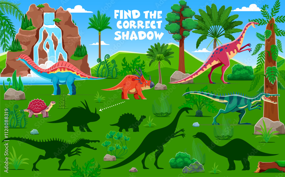 Poster kids game worksheet, find the correct shadow of prehistoric dinosaurs. vector educational riddle fea
