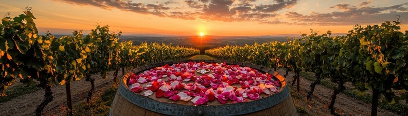 Fototapeta premium Stunning sunset over vineyards with flowers in a rustic barrel, capturing nature's beauty.
