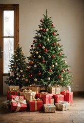 A Christmas tree with presents under it in a room.