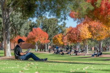 Fototapeta premium Person Reading in Autumn Park Setting