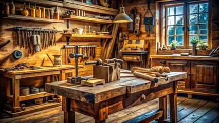 Fototapeta premium Handcrafted wooden workbench, featuring a vise, ideal for any craftsman's workshop or hobbyist's space.