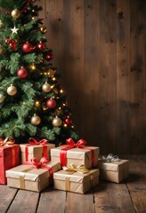 A christmas tree with presents under it on a wooden floor.