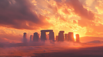 Beautiful stonehenge circle of stones with a beautiful majestic sunset sky in high resolution hd. Solstice. Illustration