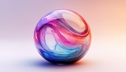Colorful abstract glass sphere with swirling paint inside.