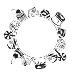 Vector image of cakes and pastries in a circle. Image of confectionery products with space for text. Sweet pastries in doodle style.