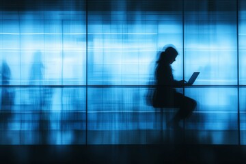 Silhouette of a Person Working on a Laptop in Blue Light